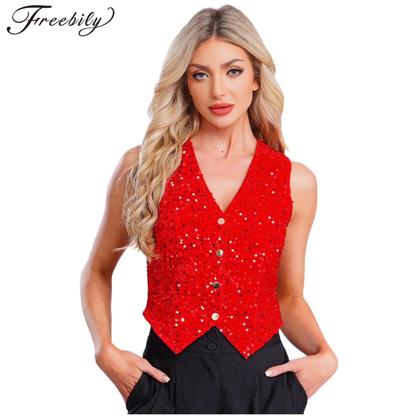 Women Formal Wear Vest - Women Shiny Sequins Vest Christmas Carnival