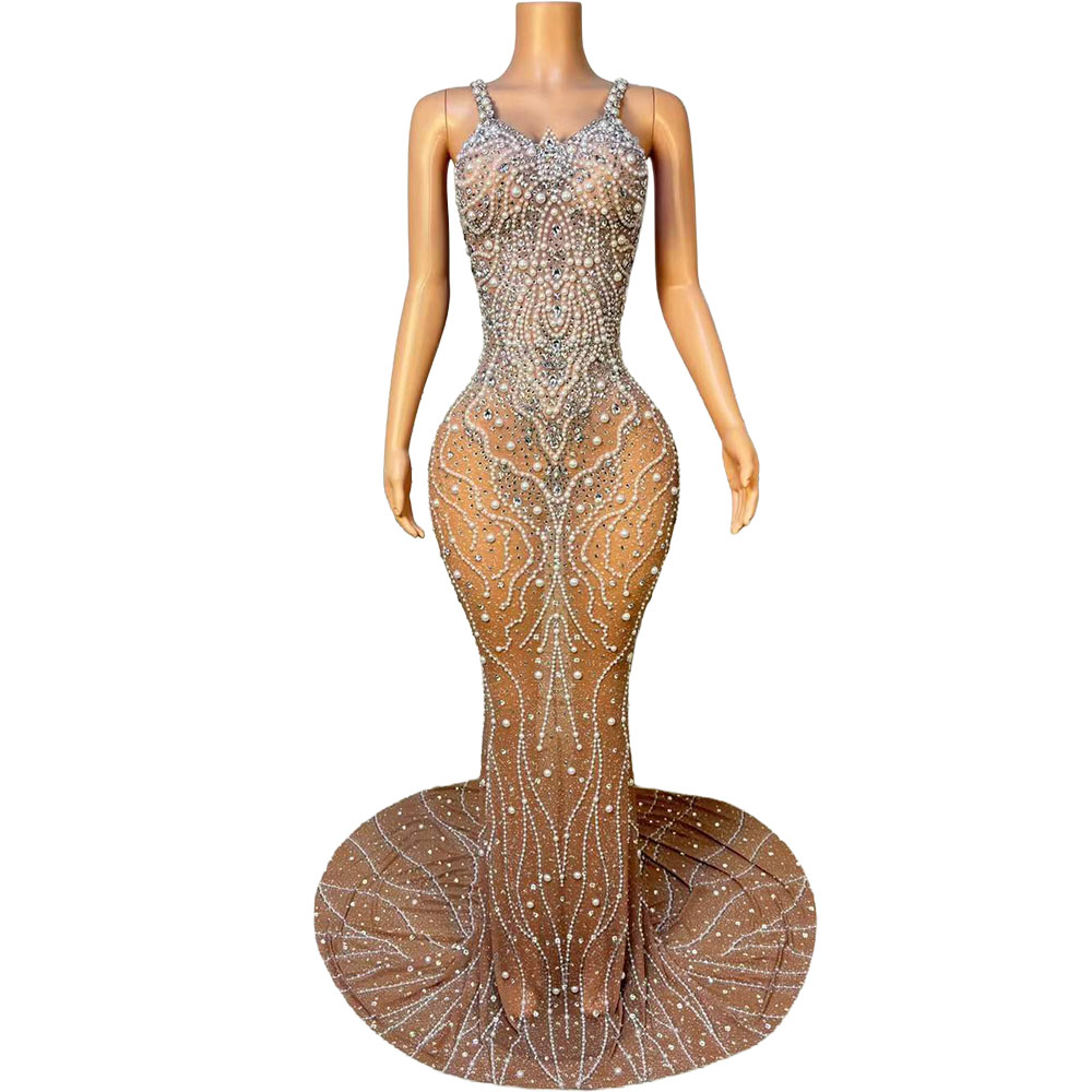 Women Formal Wear Photoshoot - Luxury Pearl Mesh Bodycon Maxi Dress