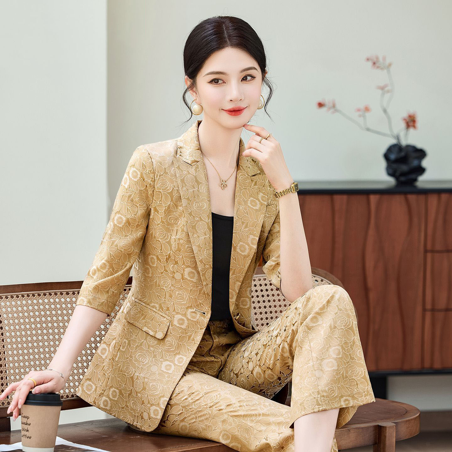 Fashion Apricot Half Sleeve Pr - Women'S Formal Wear Pants Suit 评论和价格