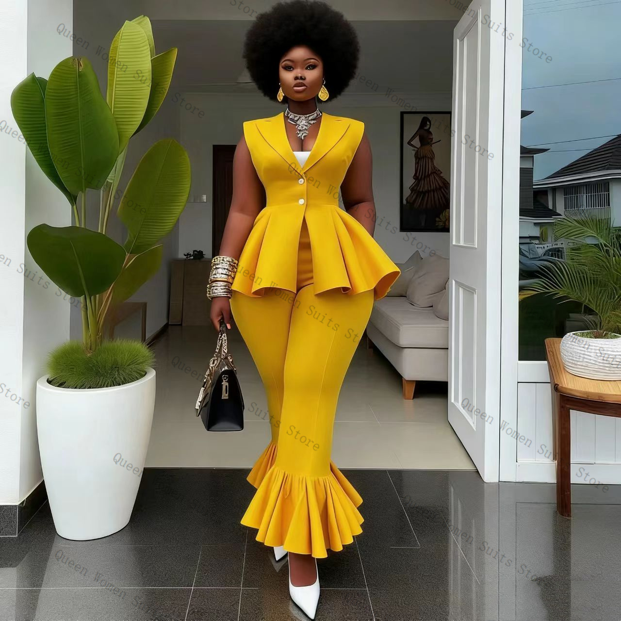 Yellow Women Suit Pants Set 2  - Women Formal Wear Vest 评论和价格
