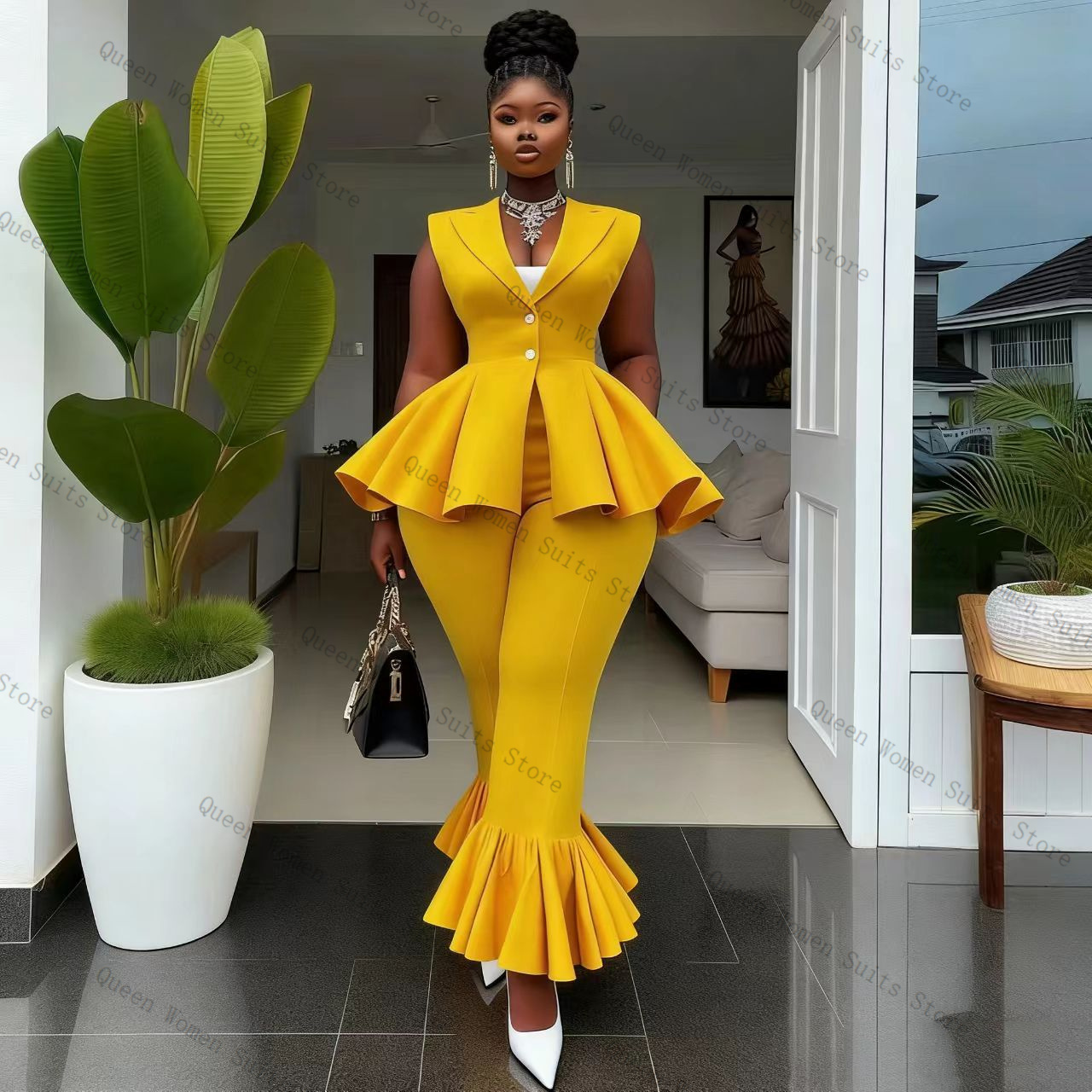 Yellow Women Suit Pants Set 2  - Women Formal Wear Vest 评论和价格