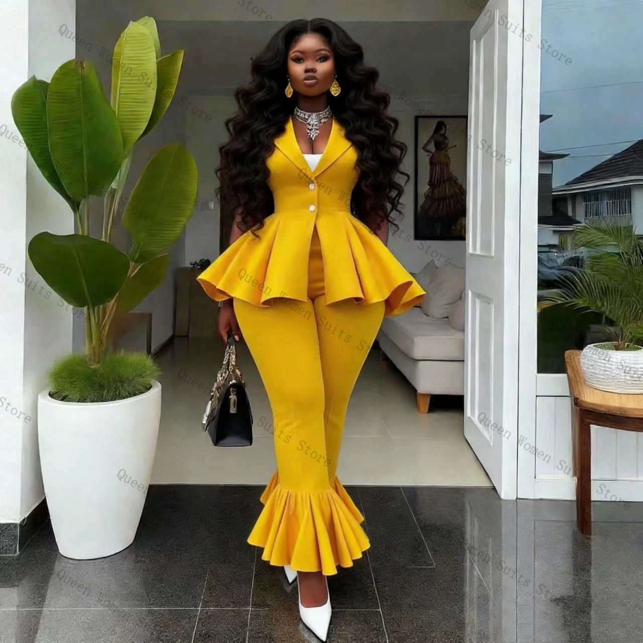 Yellow Women Suit Pants Set 2  - Women Formal Wear Vest 评论和价格