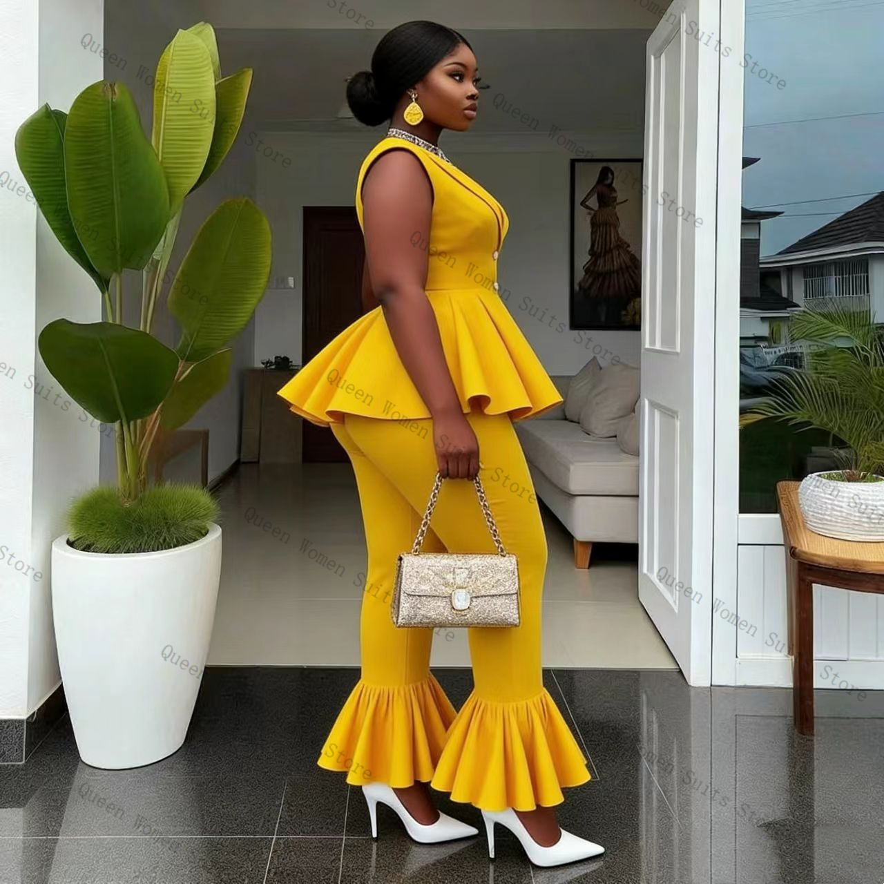 Yellow Women Suit Pants Set 2  - Women Formal Wear Vest 评论和价格