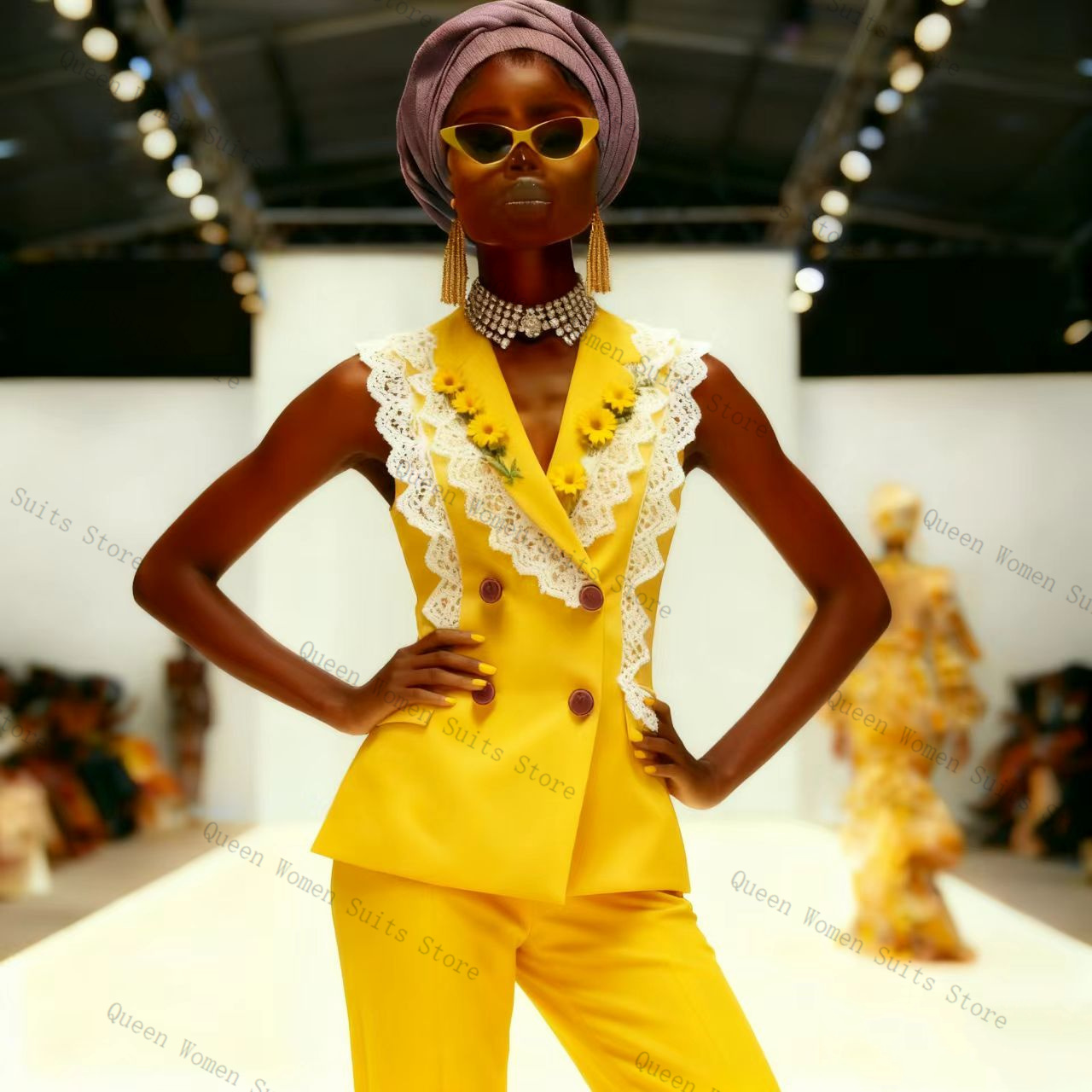 Yellow White Lace Women Suit P - Women Formal Wear Vest 评论和价格